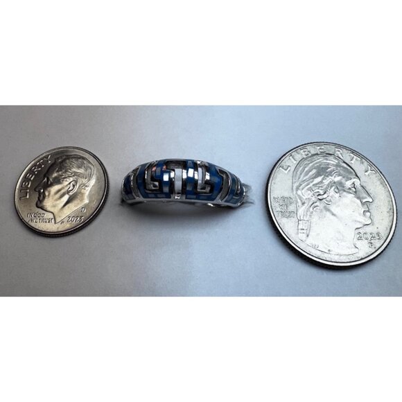 925 Sterling Silver Enamel Band Ring Blue Greek Key Design Size 7.75 - Picture 8 of 11